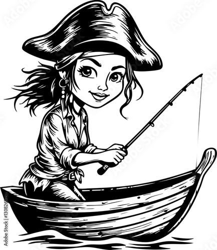 Young pirate fishing adventure on a calm lake illustration nautical theme whimsical style character focus