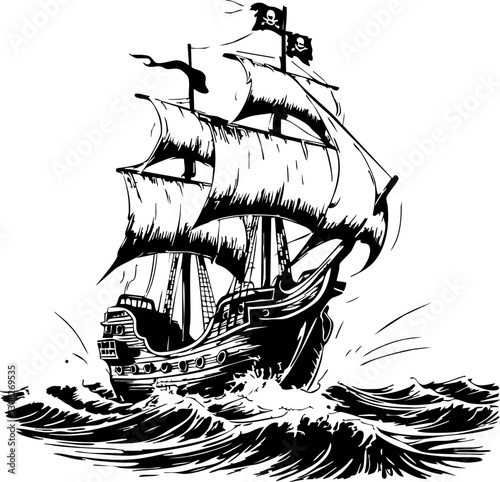 Historic pirate ship sailing through stormy seas high seas adventure black and white illustration nautical environment side view