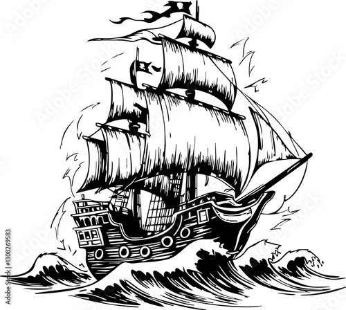 Historic maritime adventure open sea black and white illustration nautical theme side view classic ship concept