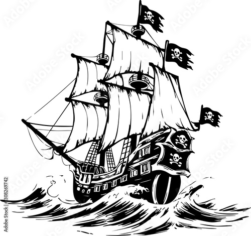 Pirate ship sailing through stormy seas ocean black and white illustration adventure side view nautical theme