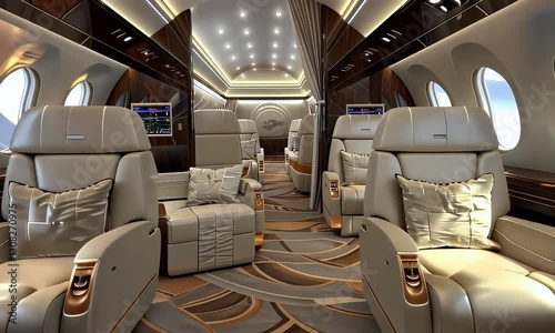 Luxurious private jet cabin interior;  opulent seating, carpet, and lighting.  Perfect for travel brochures