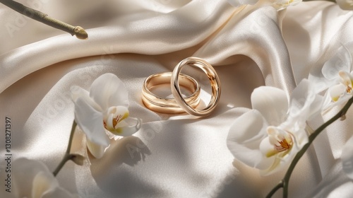 53.A detailed shot of golden wedding bands set on a smooth satin background, encircled by white orchid blooms and subtle highlights that evoke timeless romance.