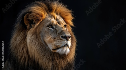 Golden-brown mane crowns the lion's fierce visage, with piercing yellow eyes locked in intensity. Thick, shaggy hair frames its majestic face