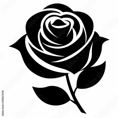Adobe Illustrator Artwork. Three Roses with Leaves on white background, black silhouettes of rose flowers isolated on a white background, roses flowers silhouette set drawing, floral beautiful wedding