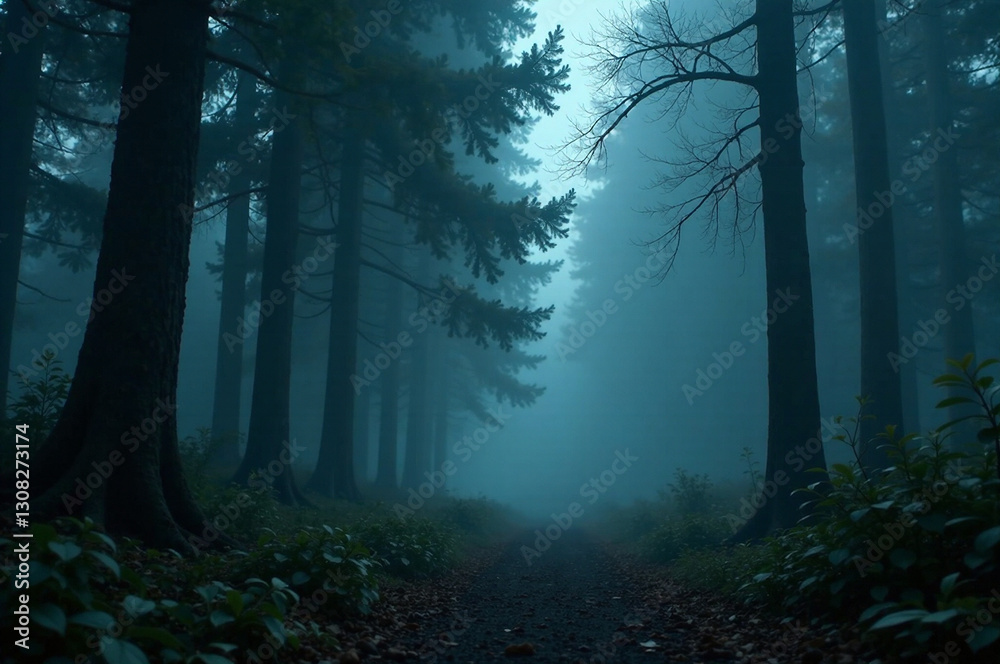 Obraz premium Generate a photorealistic AI image of a dark forest shrouded in thick fog. Focus on depth, mood, and a sense of mystery. Use dramatic lighting and an atmospheric perspective to evoke a sense of isol