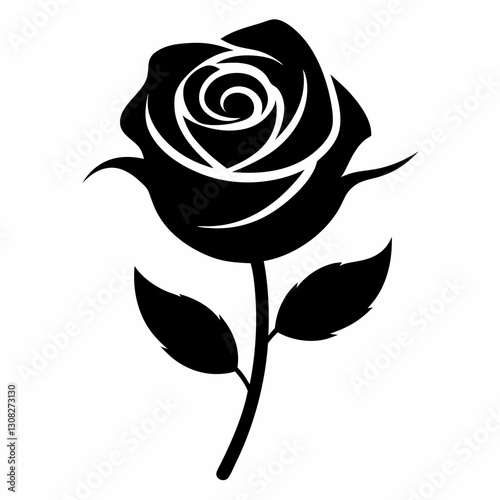 Adobe Illustrator Artwork. Three Roses with Leaves on white background, black silhouettes of rose flowers isolated on a white background, roses flowers silhouette set drawing, floral beautiful wedding