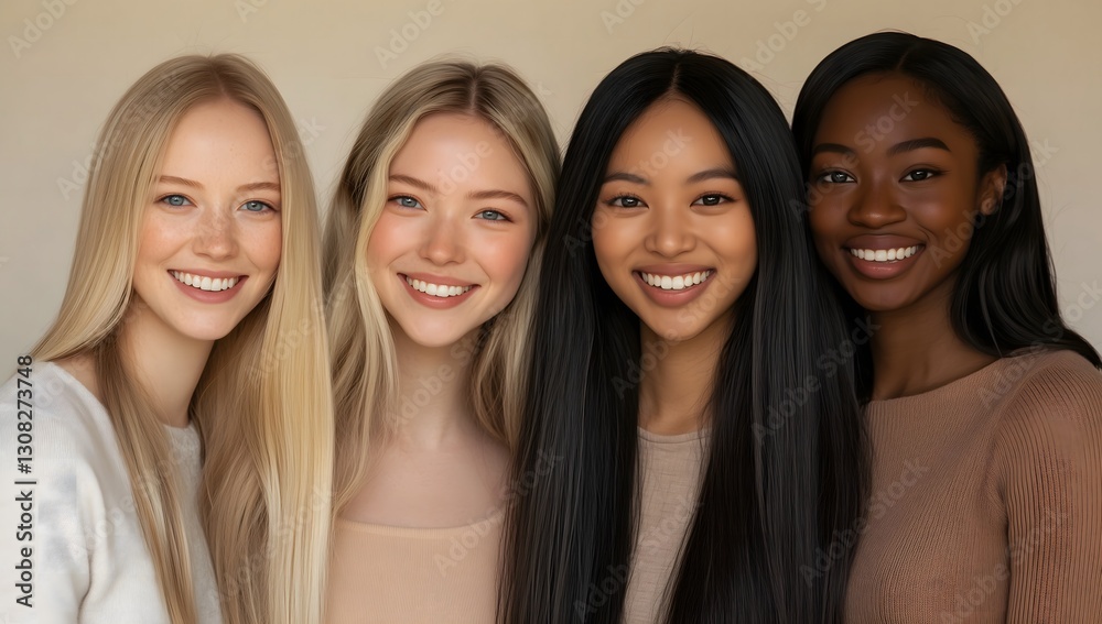 Four Smiling Women with Different Hair Textures and Skin Tones Four Smiling Women with Different Hair Textures and Skin Tones