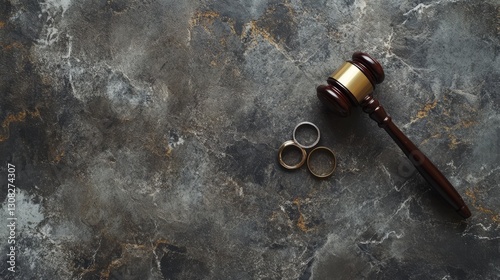 91.Law theme. Judge gavel wedding rings on concrete stone grey background. Divorce proceedings. Mallet of judge deciding on marriage divorce, marital
