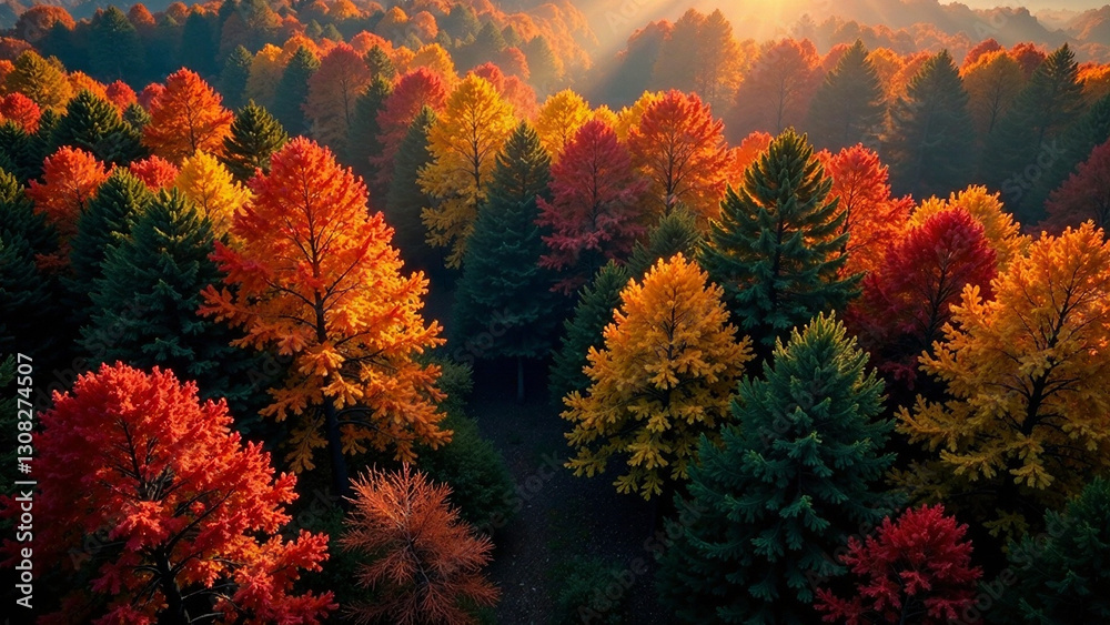 Aerial view of a vibrant autumn forest, showcasing the rich colors of fall foliage. Deep, moody atmosphere with soft, golden light filtering through the trees. High depth of field, focusing on the i Aerial view of a vibrant autumn forest, showcasing the rich colors of fall foliage. Deep, moody atmosphere with soft, golden light filtering through the trees. High depth of field, focusing on the i
