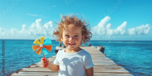 Joyful Toddler Holding a Colorful Pinwheel on a Wooden Pier by the Ocean on a Windy Day
