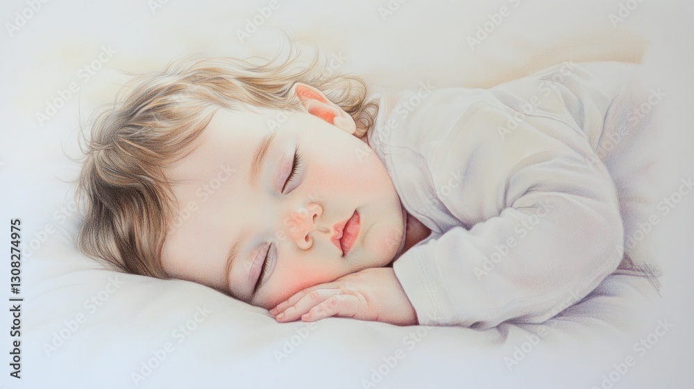 Baby girl sleeping peacefully on white sheets; soft light, dreamy background. Possible use Children's book cover, nursery decor, greeting card Baby girl sleeping peacefully on white sheets; soft light, dreamy background. Possible use Children's book cover, nursery decor, greeting card