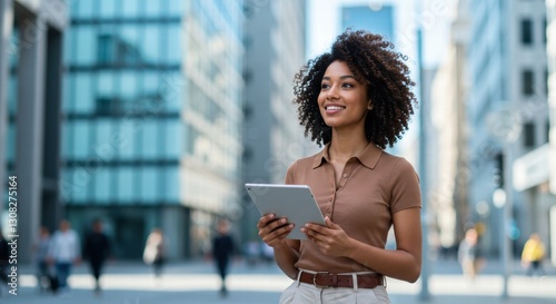 Happy confident young African American professional woman, student, entrepreneur, businesswoman looking away holding tab standing on business city street dreaming of future career. Copy space. photo