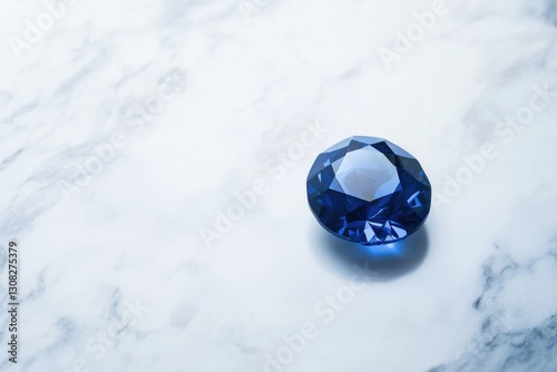 A brilliant, deep blue sapphire gemstone rests on a smooth, light marble surface.