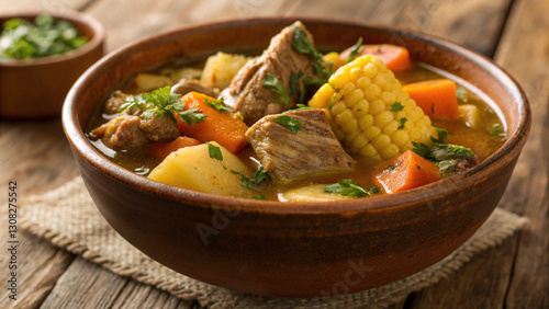 hearty bowl of sancocho with meat, corn, and vegetables, garnished with herbs. Perfect for comforting meal