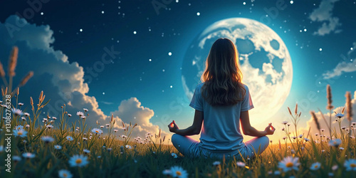 Young woman meditating in a meadow at night in the moonlight, zen.