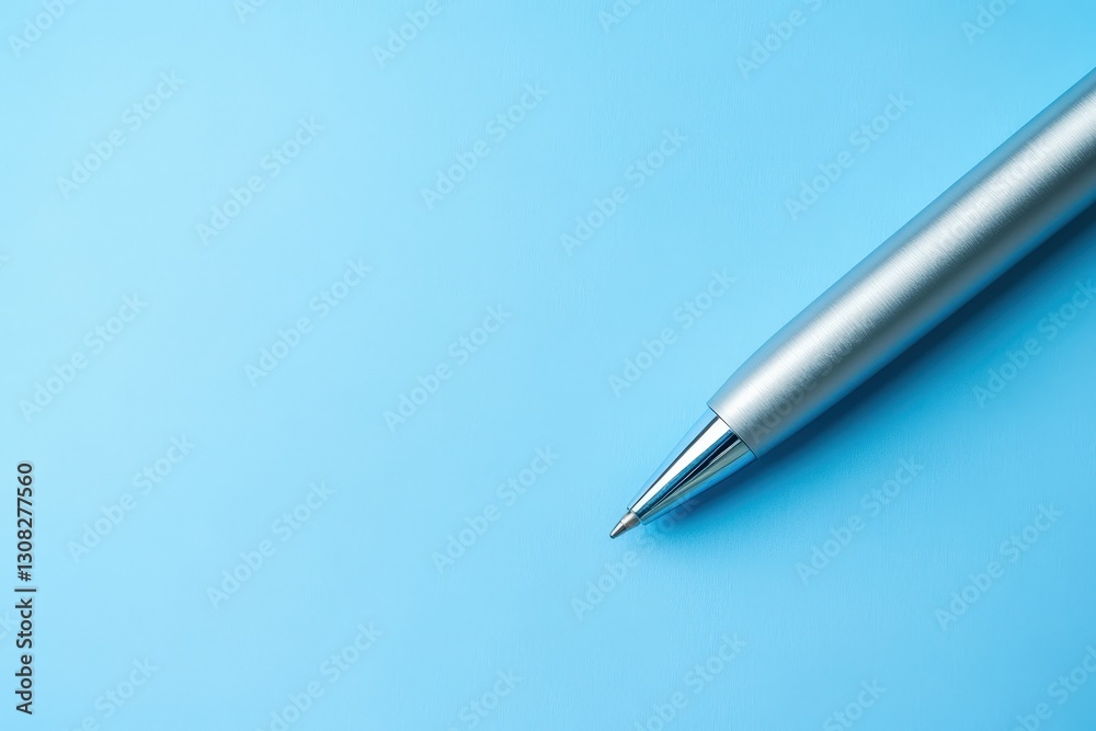 A silver ballpoint pen laying diagonally on a blue surface A silver ballpoint pen laying diagonally on a blue surface