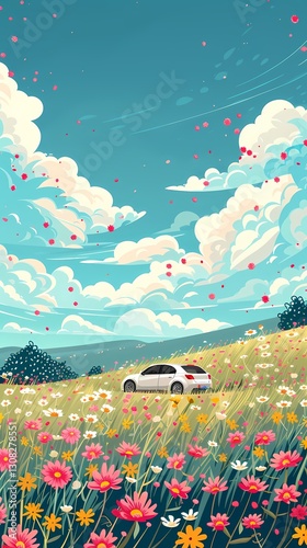 Pink and yellow flowers grassland and car illustration poster background