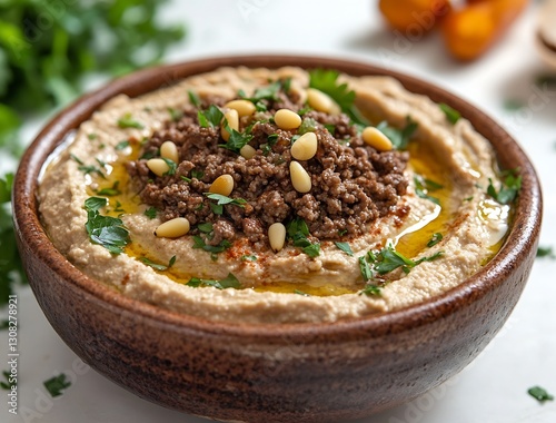 Creamy Hummus Topped with Ground Meat and Pine Nuts in a Brown Bowl : Generative AI