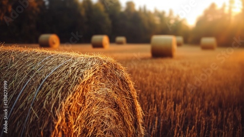 Golden Hay Bales at Sunset  Rural Landscape Photography