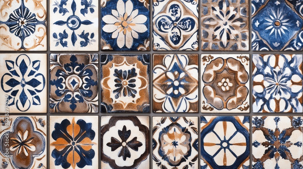 Patterned ceramic tile wall, detailed design, background, decorative Patterned ceramic tile wall, detailed design, background, decorative