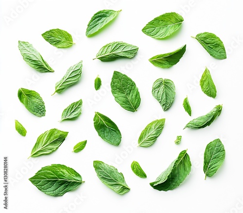 A variety of scattered fresh mint leaves over a white background suitable for food, wellness, and design aesthetics : Generative AI