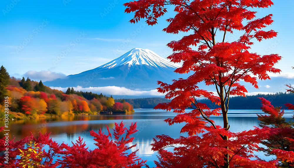 Fototapeta premium Breathtaking autumn scenery with Mount Fuji, morning fog, and vibrant red leaves at Lake Kawaguchiko, Japan 