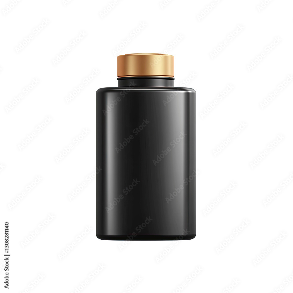 Elegant Black Bottle with Gold Cap - Mockup for Cosmetics, Supplements, or Pharmaceuticals Elegant Black Bottle with Gold Cap - Mockup for Cosmetics, Supplements, or Pharmaceuticals