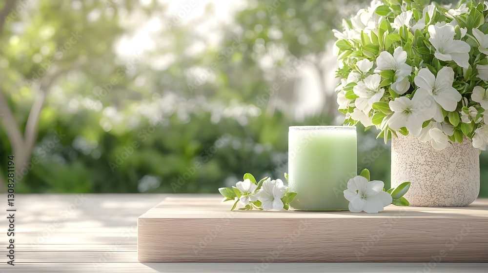 Serene Green Candle and Floral Arrangement in Soft Natural Light Serene Green Candle and Floral Arrangement in Soft Natural Light