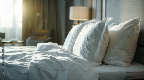 Picture a tranquil hotel room with luxurious bedding. A traveler lies in bed