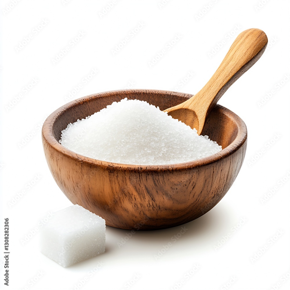 Wooden Bowl with Granulated Sugar and Sugar Cube on White Background : Generative AI Wooden Bowl with Granulated Sugar and Sugar Cube on White Background : Generative AI