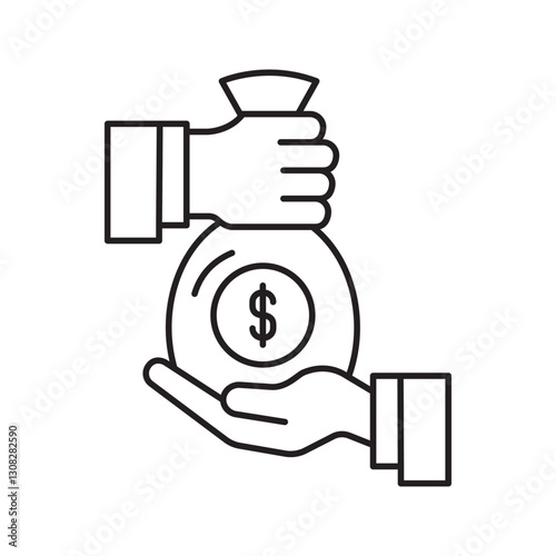 Financial support icon. Pictograph of money in hand. Bag of cash giving. Charity, Donation, Funding icon. Financial assistance, help, support, grant loans icon
