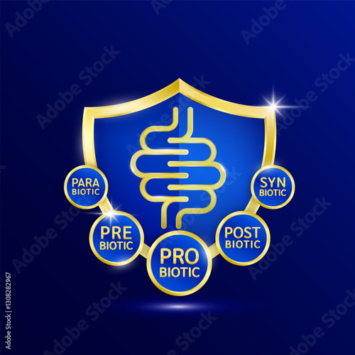 Intestine in gold shine shield blue postbiotic prebiotic postbiotic synbiotic parabiotic bacteria in front. Good bacterial flora for stomach bowel. For product label packaging badge logo. Vector.