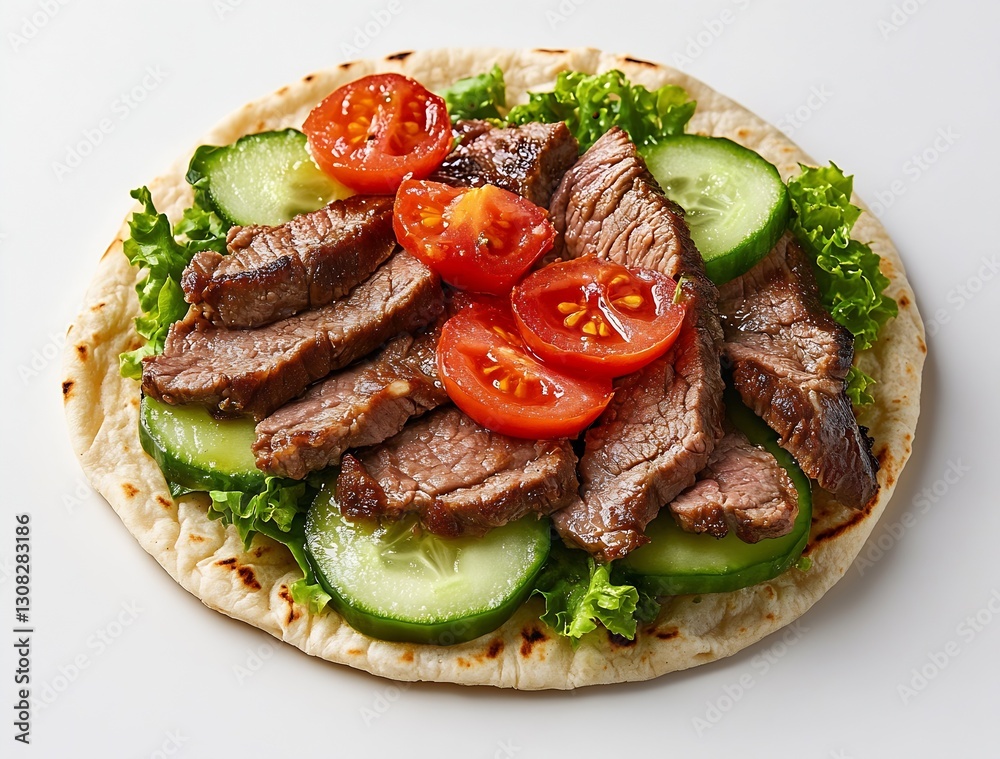 Savory Grilled Steak with Fresh Salad and Tomato on a Soft Flatbread : Generative AI Savory Grilled Steak with Fresh Salad and Tomato on a Soft Flatbread : Generative AI