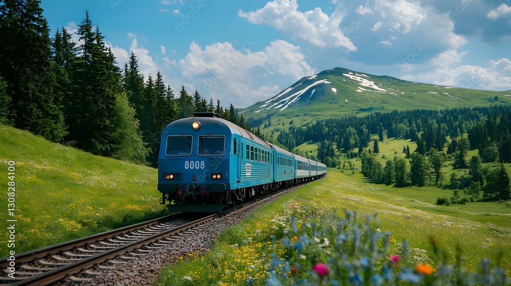 Obraz premium Scenic Train Journey through Lush Green Hills and Snowy Mountains