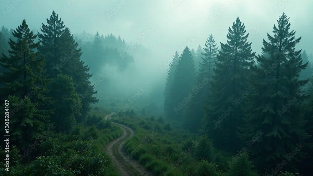 Aerial view of a misty forest on a foggy day. Focus on depth and mood. Create a vibe of mystery and tranquility. Soft, diffused lighting. Atmospheric perspective. Style: painterly, realistic. High Aerial view of a misty forest on a foggy day. Focus on depth and mood. Create a vibe of mystery and tranquility. Soft, diffused lighting. Atmospheric perspective. Style: painterly, realistic. High