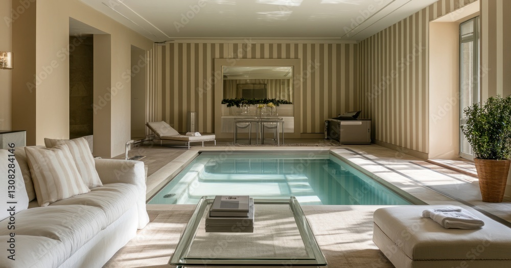 Fototapeta premium Luxurious indoor pool area with comfortable seating and elegant decor.