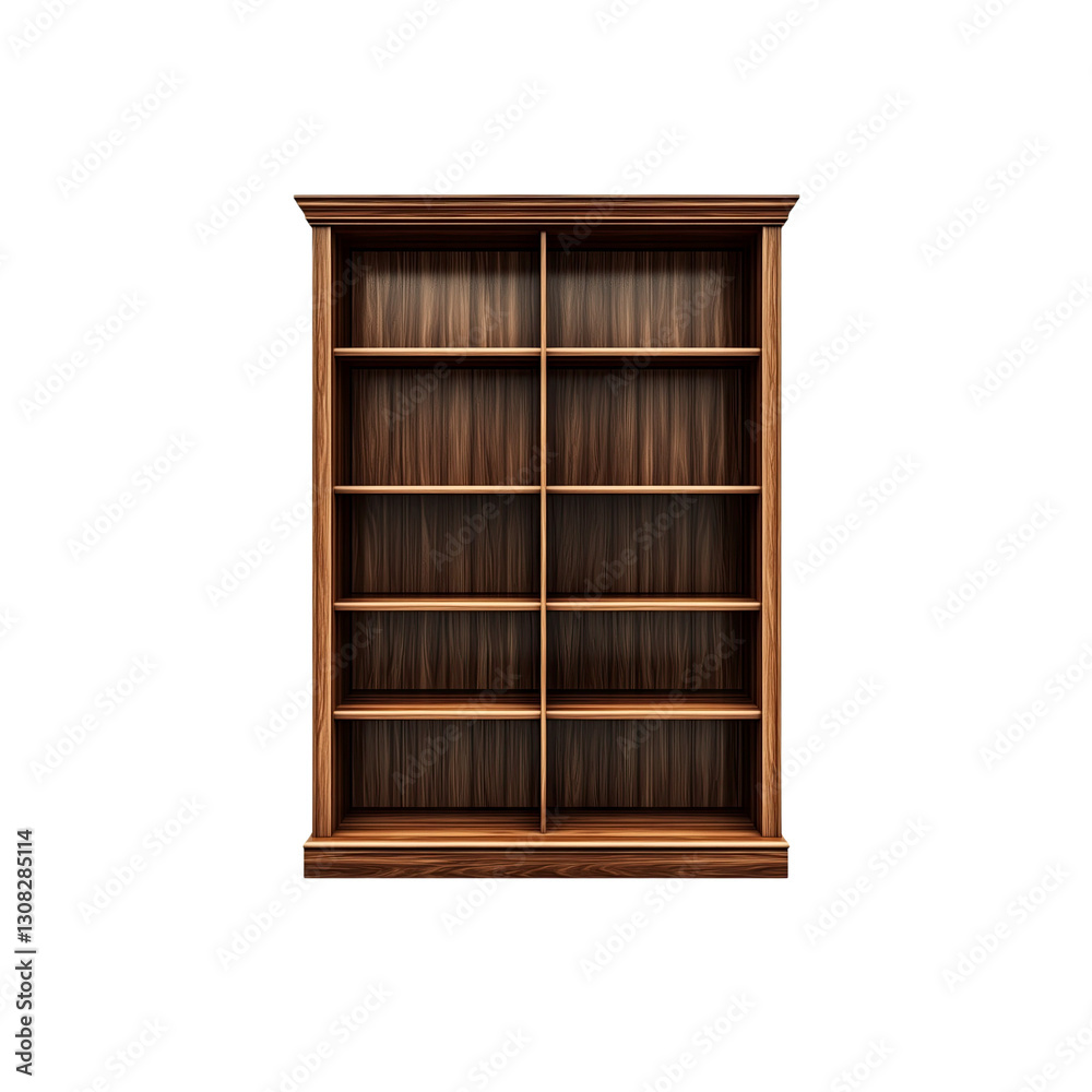 Empty Wooden Bookcase, Classic Design, Isolated on Transparent Background Empty Wooden Bookcase, Classic Design, Isolated on Transparent Background