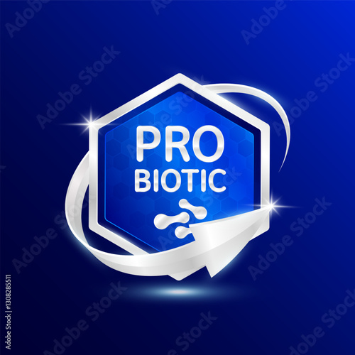 Probiotic bacteria. Blue shine hexagon rounded modern packaging badge logo silver arrow surround on dark background. Good bacterial flora for stomach and intestine. For design product label. Vector.