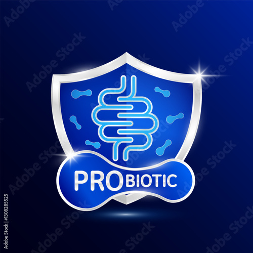 Intestine icon in silver shine shield blue probiotic bacteria in front. Modern packaging badge logo on dark background. Good bacterial flora for stomach bowel. For design product label. Vector.