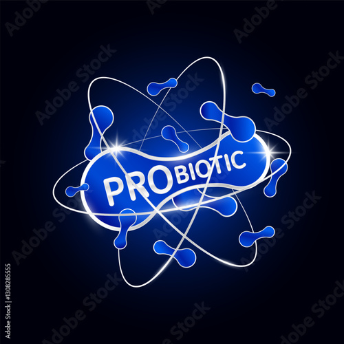 Blue probiotic bacteria in silver atom molecule shine. Modern packaging badge logo on dark background. Good bacterial flora for stomach and intestine. For design product label. Vector EPS10.