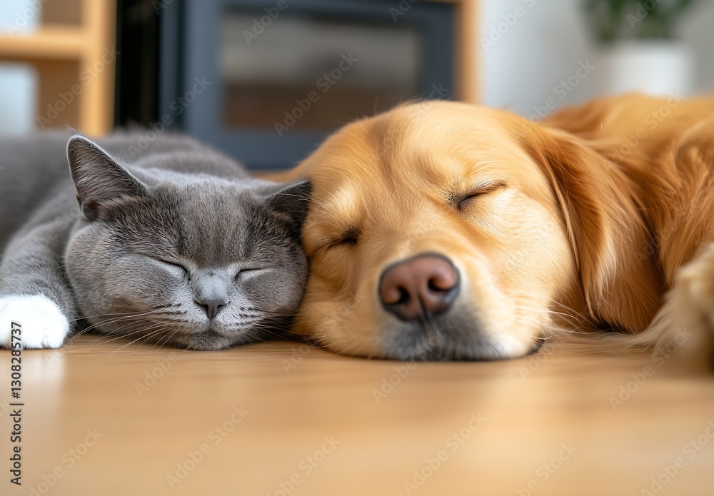 Cuddly gray cat and golden retriever sleeping side by side in cozy, calming home atmosphere : Generative AI Cuddly gray cat and golden retriever sleeping side by side in cozy, calming home atmosphere : Generative AI