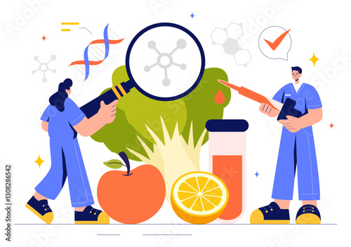 Food Science Illustration featuring Biotechnology for Food Engineering with Chemists Testing Products to Ensure Safety and Analyze Chemical Structures