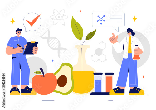 Food Science Illustration featuring Biotechnology for Food Engineering with Chemists Testing Products to Ensure Safety and Analyze Chemical Structures