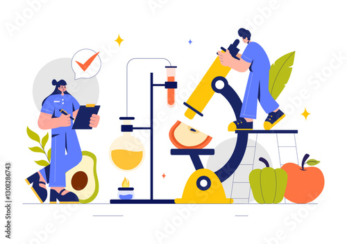 Food Science Illustration featuring Biotechnology for Food Engineering with Chemists Testing Products to Ensure Safety and Analyze Chemical Structures