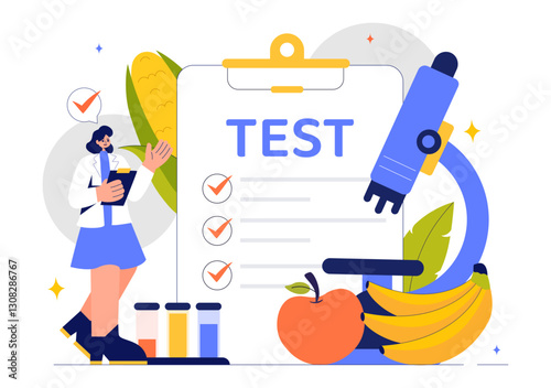 Food Science Illustration featuring Biotechnology for Food Engineering with Chemists Testing Products to Ensure Safety and Analyze Chemical Structures