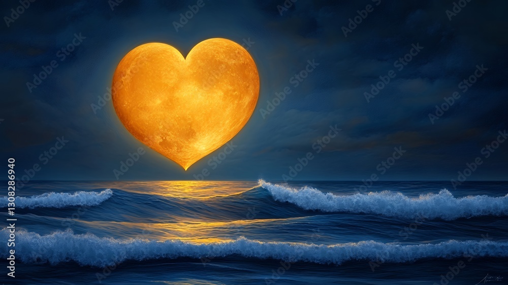 Fototapeta premium Heart Shaped Moon Over Dark Ocean Waves at Night