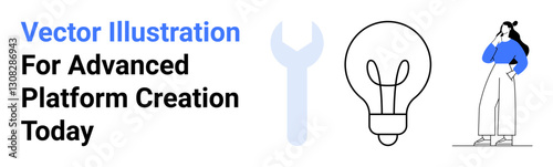 Woman reflecting next to a wrench and light bulb symbolizing creativity, tools, and innovation. Ideal for technology, strategy, solutions, problem-solving, brainstorming, startups flat landing page