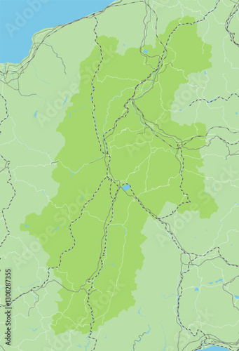 日本の長野県と隣接する都道府県を含む、シンプルな緑色のロードマップ