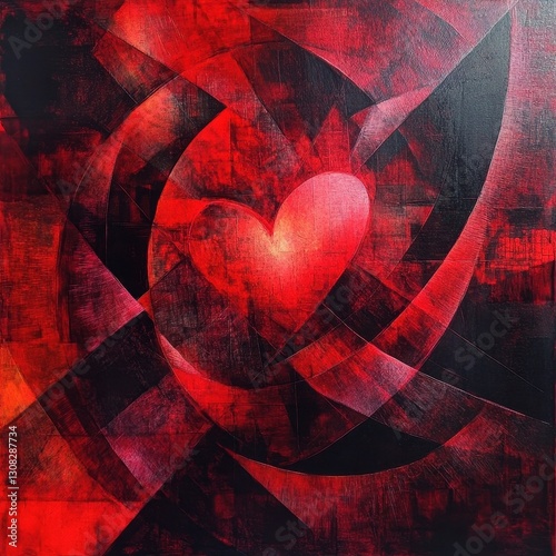 A vibrant red heart, painted with bold brushstrokes, stands out strikingly against a deep black background, creating a dramatic contrast that evokes passion and emotion.