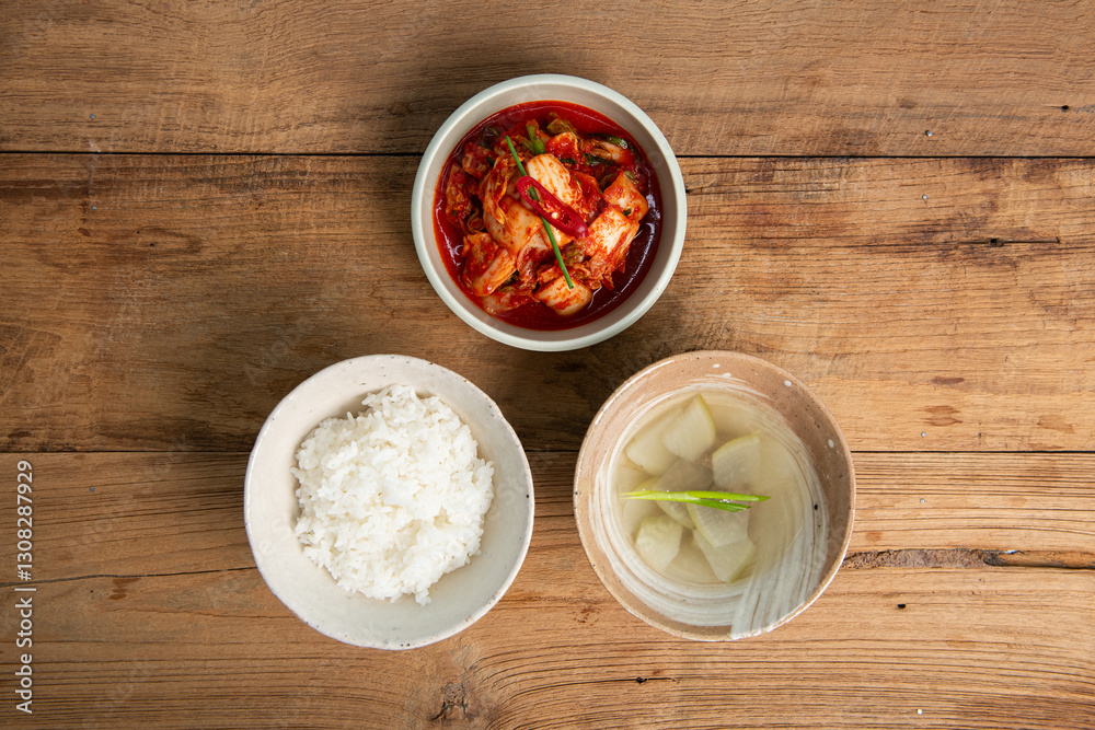 Rice, soup, and kimchi on the table Rice, soup, and kimchi on the table
